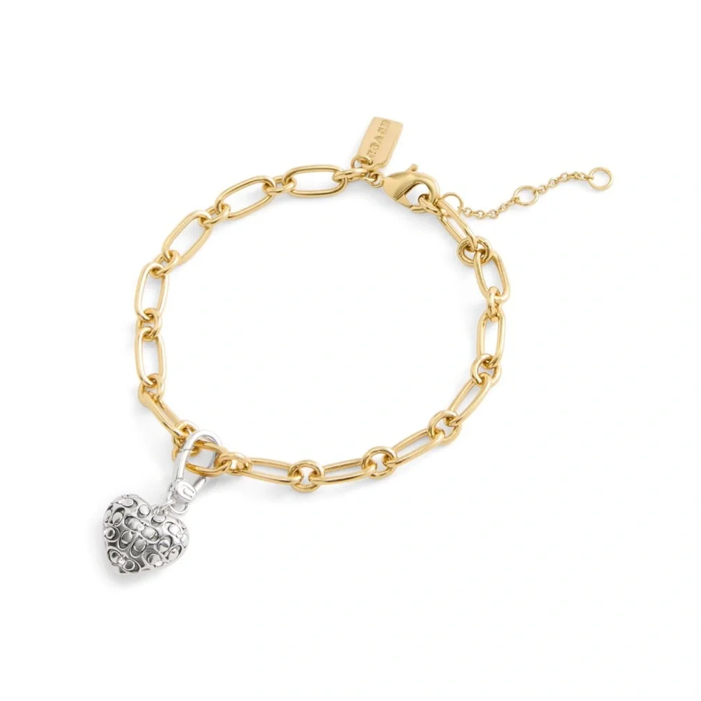 New Coach Silver Heart Charm Keychain with Logo Design - Picture 5 of 7